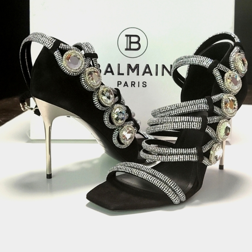 NIB$2995 Balmain Runway Uma Suede Crystal-Embellished Strappy Sandals 37.5 / 7 - Picture 15 of 16
